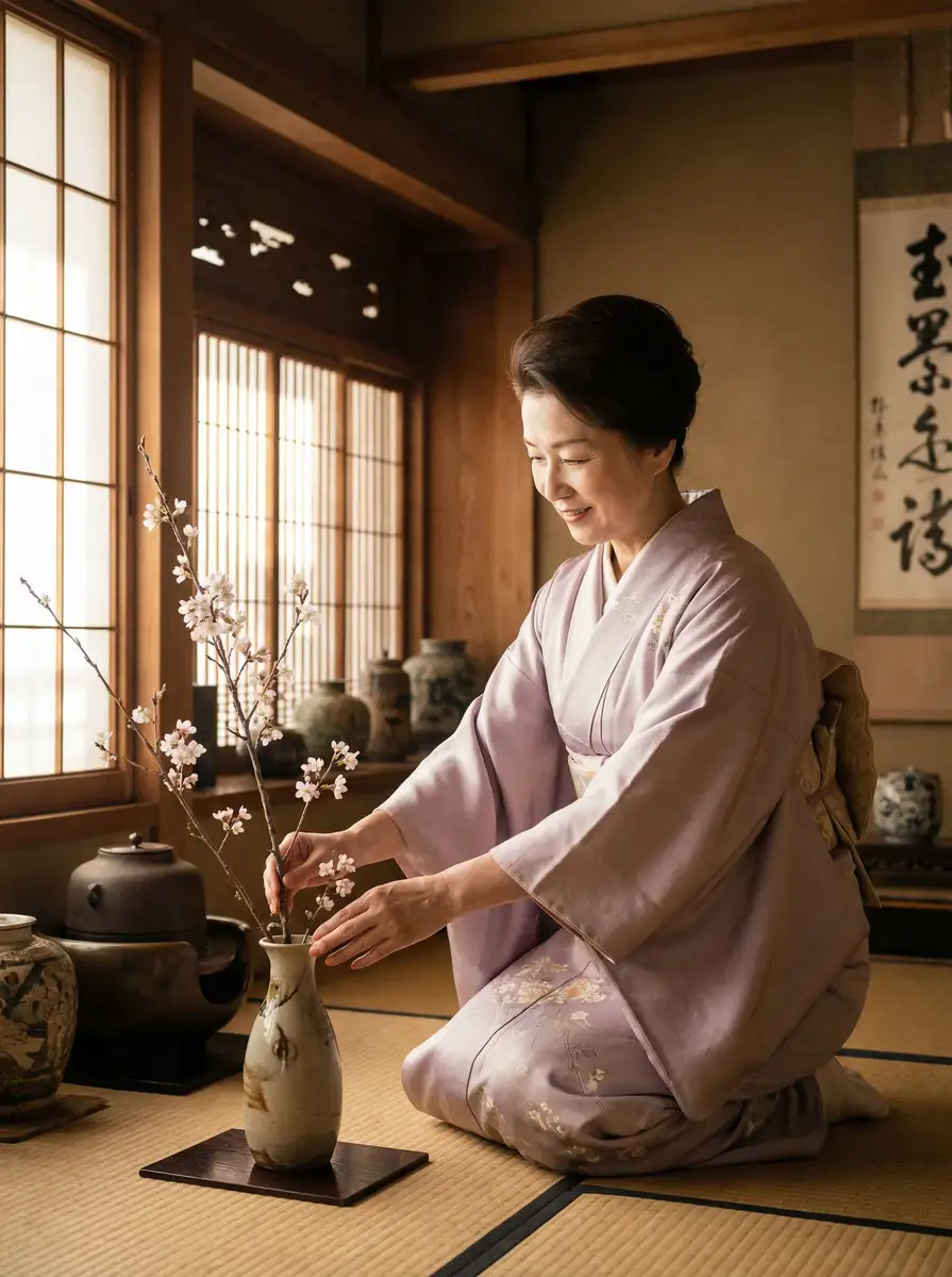 一位优雅的 九一短视频-高清视频|视频资源 在和室中插花
